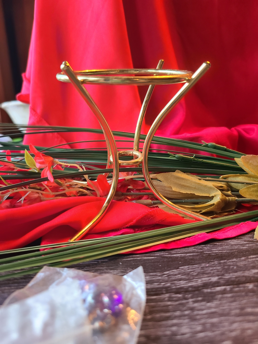 Vintage Gold Metal Lantern Stand with Red Accents